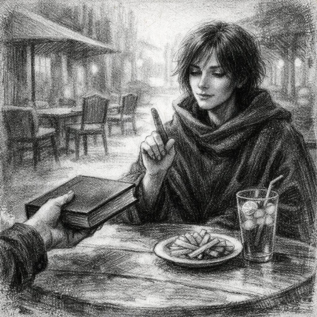 A charcoal sketch of a person at a coffee shop patio, shaking their head and refusing a book, thinking I don't want to quit smoking.