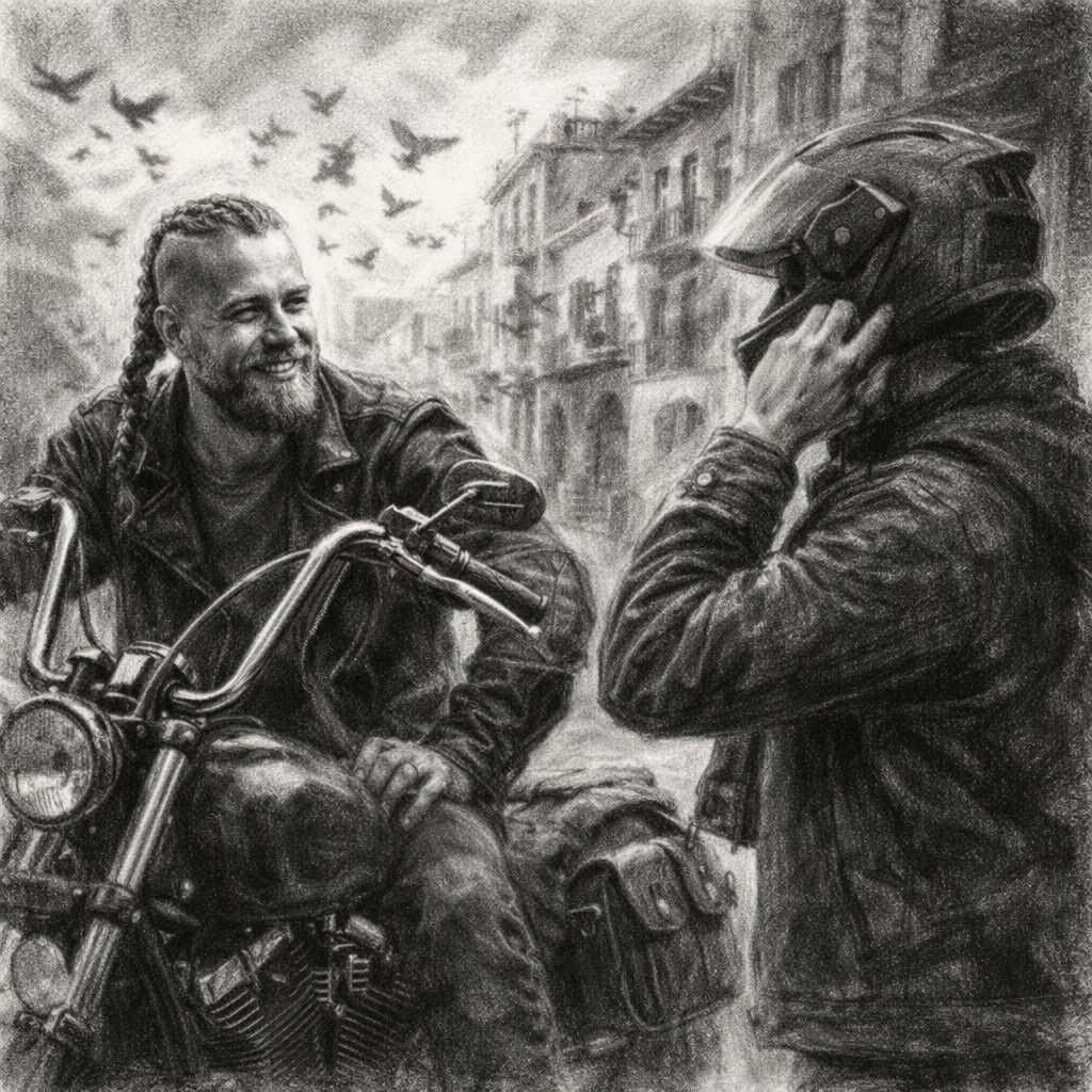 A charcoal drawing of David, a man with a Viking-style braid, on his Harley Sportster, talking about the best time to quit smoking with his friend.
