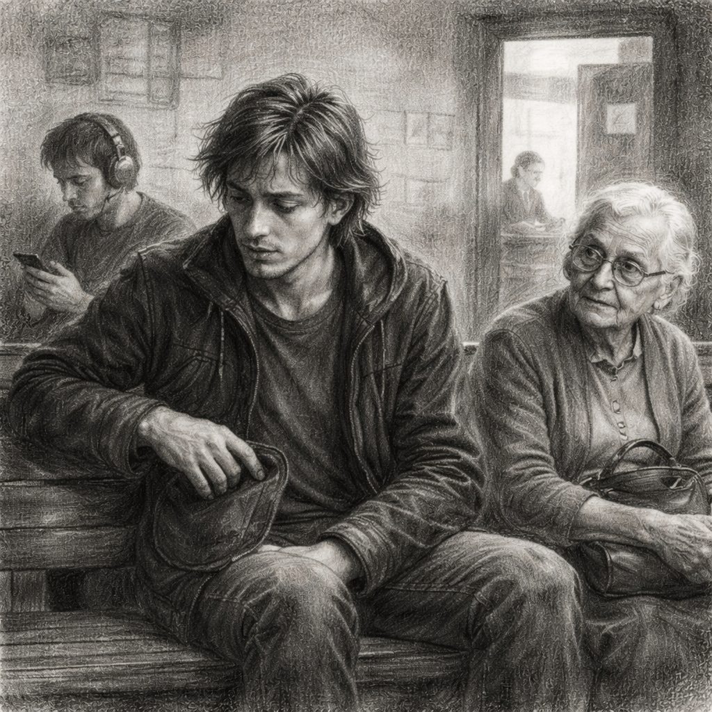 A charcoal drawing of a man looking restless and checking his phone in a waiting room, reflecting on why he **relapsed quickly after quitting** smoking