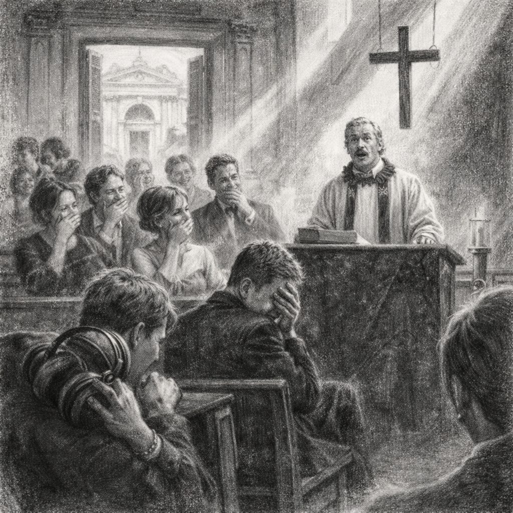A cinematic charcoal drawing of a humorous wedding scene inside a marble church; guests are laughing and the priest looks surprised while a man hides headphones, illustrating the social triggers that lead to having just one cigarette after quitting