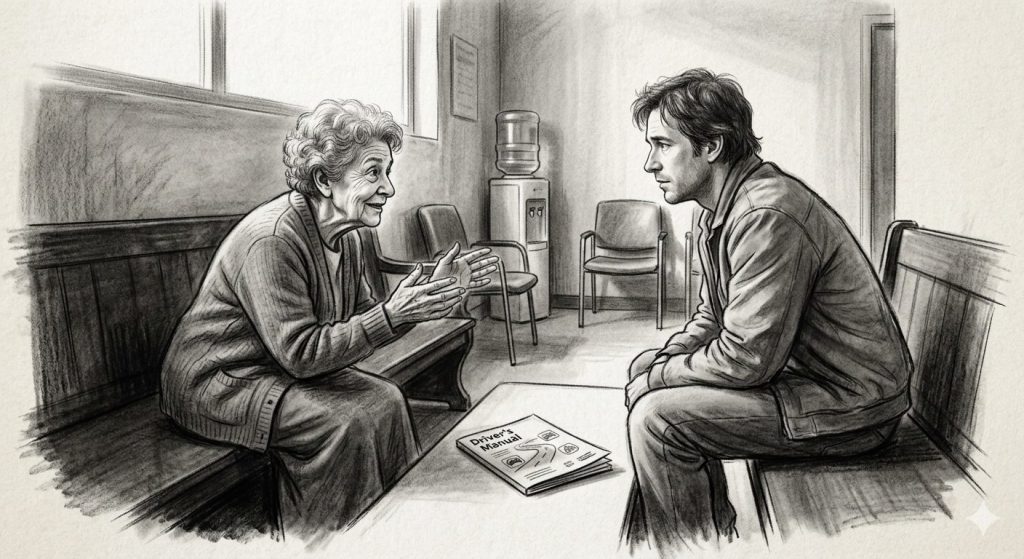 A charcoal drawing of an elderly woman, Pilar, looking intensely at a younger man in a waiting room, using a driving manual as a metaphor for why quitting smoking is hard but not impossible.