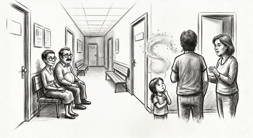 Charcoal drawing of a person thinking "I have no reason to quit smoking" while waiting in a clinic hallway with an older couple and a young girl.