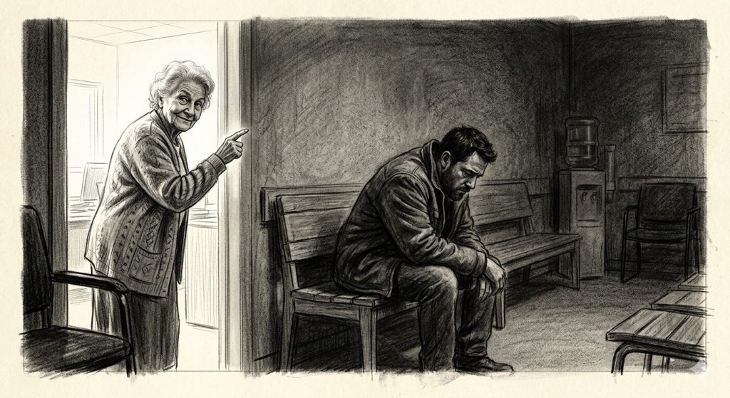 "A cinematic charcoal drawing of an elderly woman giving life advice to a contemplative man in a waiting room, illustrating the psychological shift needed when quitting smoking without help and the importance of professional support.