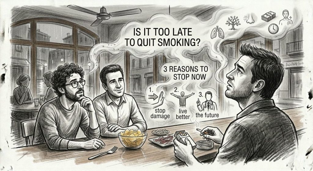 A charcoal drawing of a man in a bar reflecting on whether is it too late to quit smoking after a medical warning, while his friends support him.