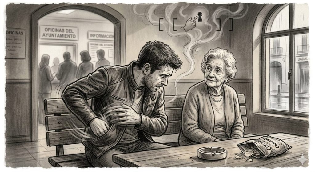 A charcoal drawing of a man nervously searching his pockets for tobacco in a waiting room, illustrating the frustration of thinking I can't quit smoking, while an elderly woman watches him with empathy.