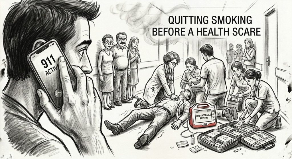 A medical emergency in a clinic hallway highlighting the importance of quitting smoking before a health scare occurs