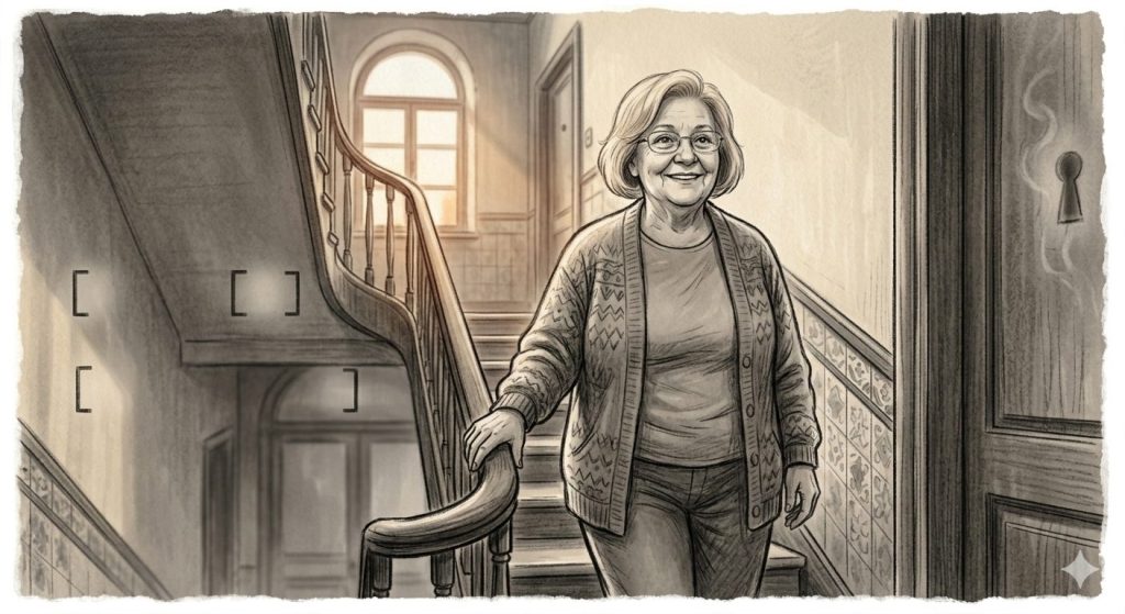 A charcoal drawing of an elderly blonde woman, Lourdes, smiling and talking to her neighbor about how to quit smoking without gaining weight