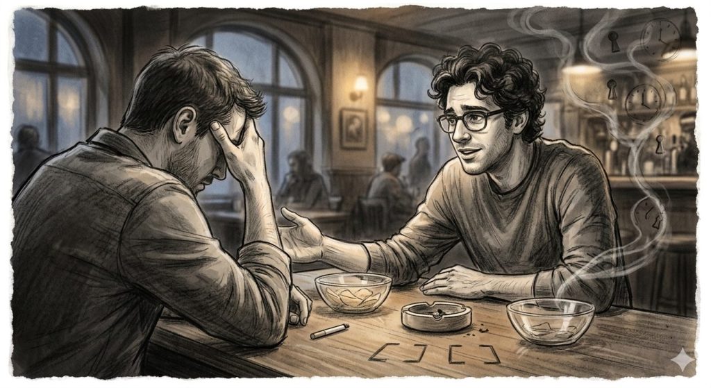 A charcoal drawing of two men in a bar where one looks discouraged with his head in his hands, reflecting the feeling that I am unable to quit smoking, while his friend offers a supportive gesture.