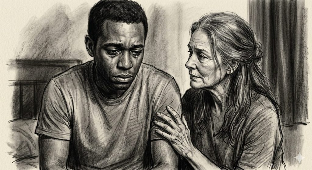 A poignant charcoal drawing of a man looking heartbroken while talking to a supportive woman; they are discussing a relapse after quitting smoking caused by emotional pain and the need for a healthy escape