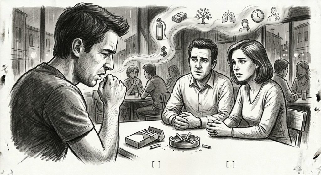 A charcoal drawing of a man coughing at a bar while his friends look on with concern, symbolizing the internal struggle of quitting smoking before it gets worse.