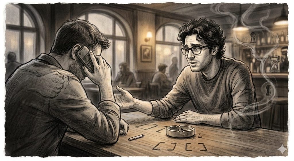 A charcoal drawing of a man looking tired while talking on the phone, debating if he has the willpower to quit smoking* while his friend listens.