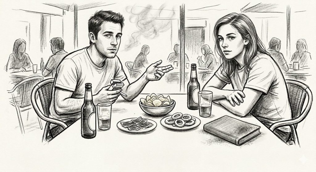 A charcoal drawing of a woman sitting at a bar patio, holding a cigarette with a pensive expression, representing a person who feels unable to quit smoking.