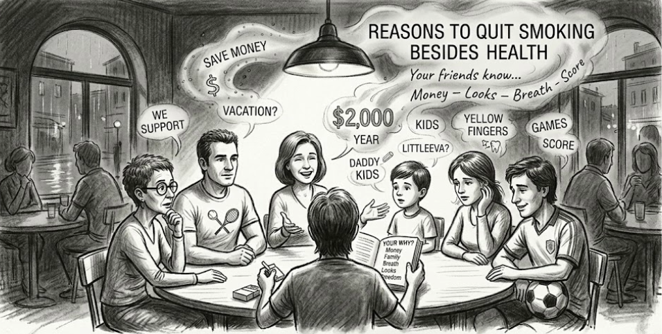 Charcoal drawing showing a supportive group of friends in a bar, sharing personal reasons to quit smoking besides health, such as saving money, family, and freedom.