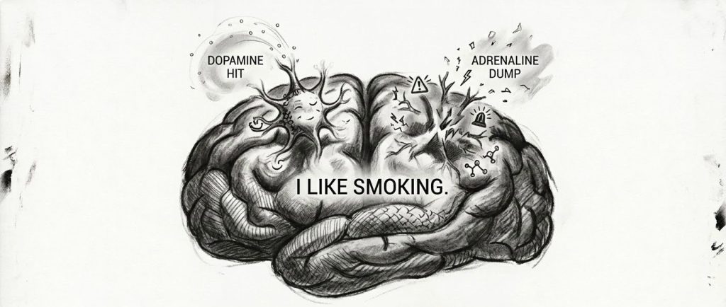 Charcoal drawing of a human brain showing the conflict between neurons Ramón and Santiago, representing the struggle of feeling incapable of quitting smoking.